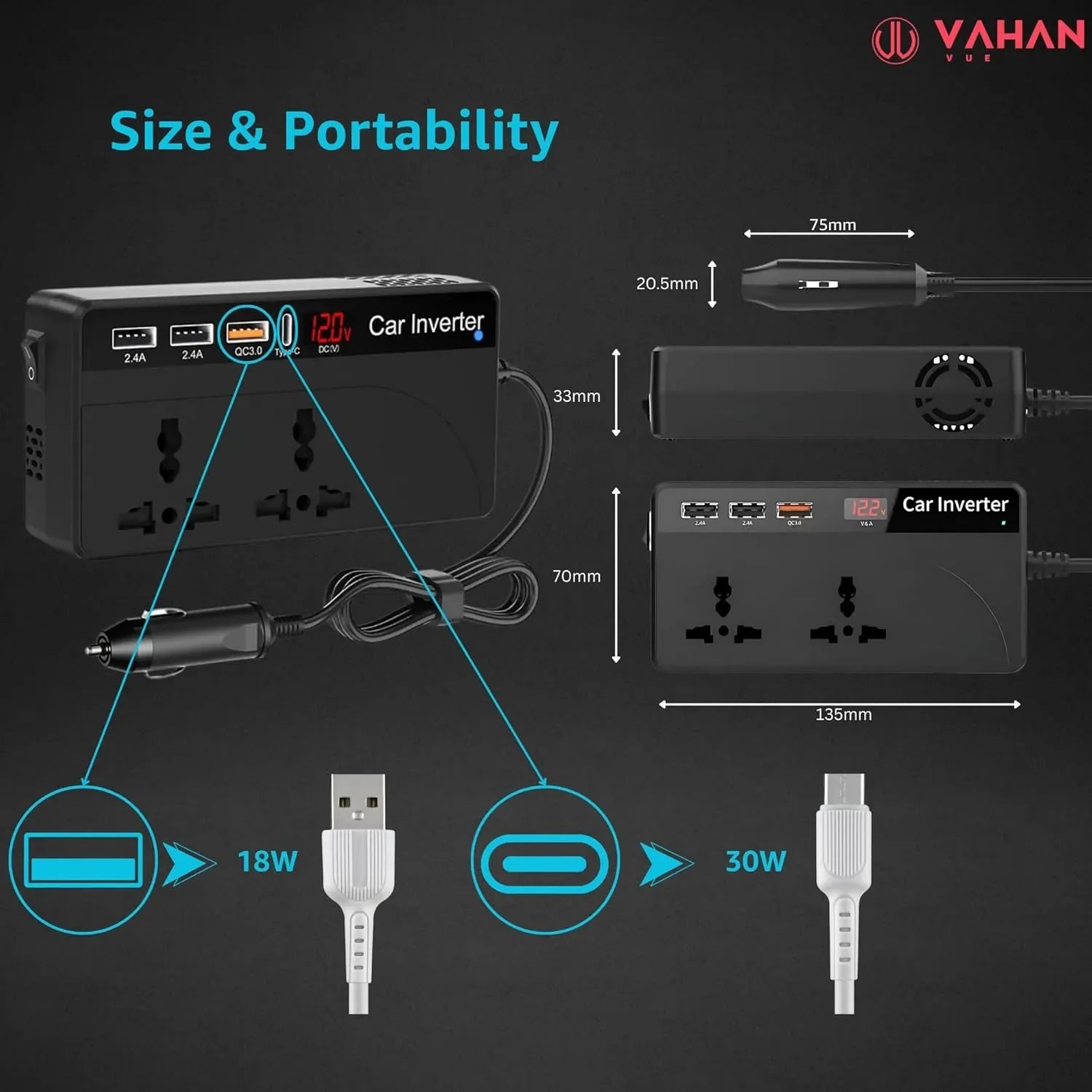 VAHAN VUE Car Power Inverter/Laptop Charger with 3 USB/12-24V