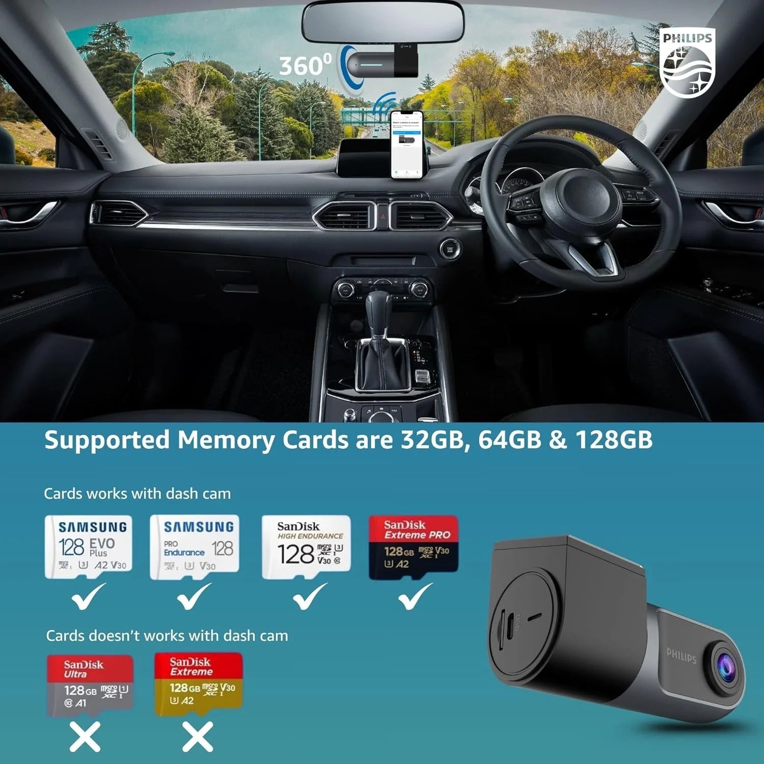 PHILIPS GoSure 3001 Dash Cam for Car, Full HD 1080p, G-Sensor
