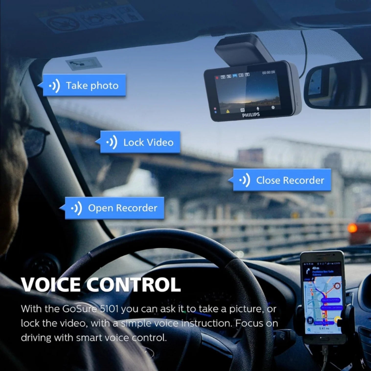 PHILIPS GoSure 5101 Dash Camera for Car, 2K QHD 1600p, G-Sensor
