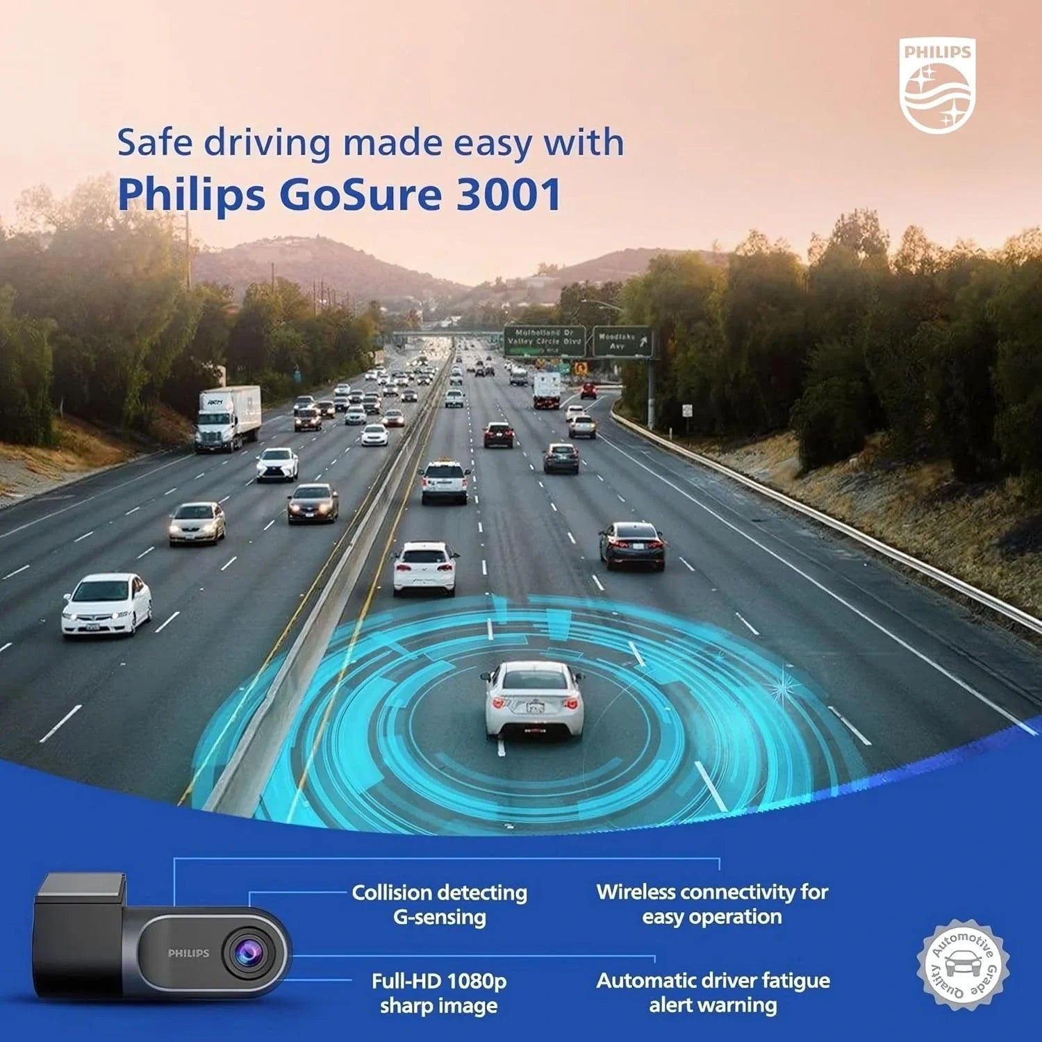 PHILIPS GoSure 3001 Dash Cam for Car, Full HD 1080p, G-Sensor