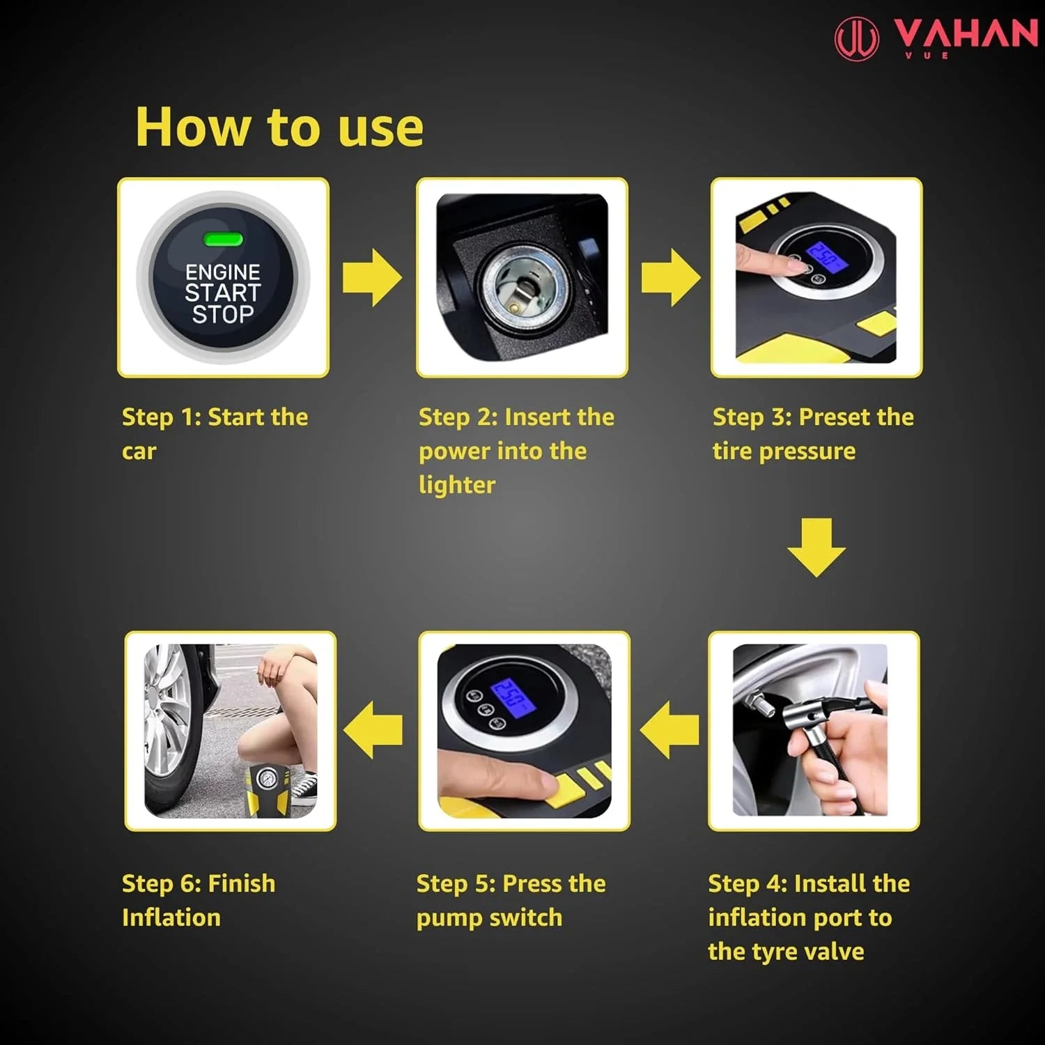 VAHAN VUE Car Tyre Inflator Air Compressor with Auto Stop and LED Light 12V