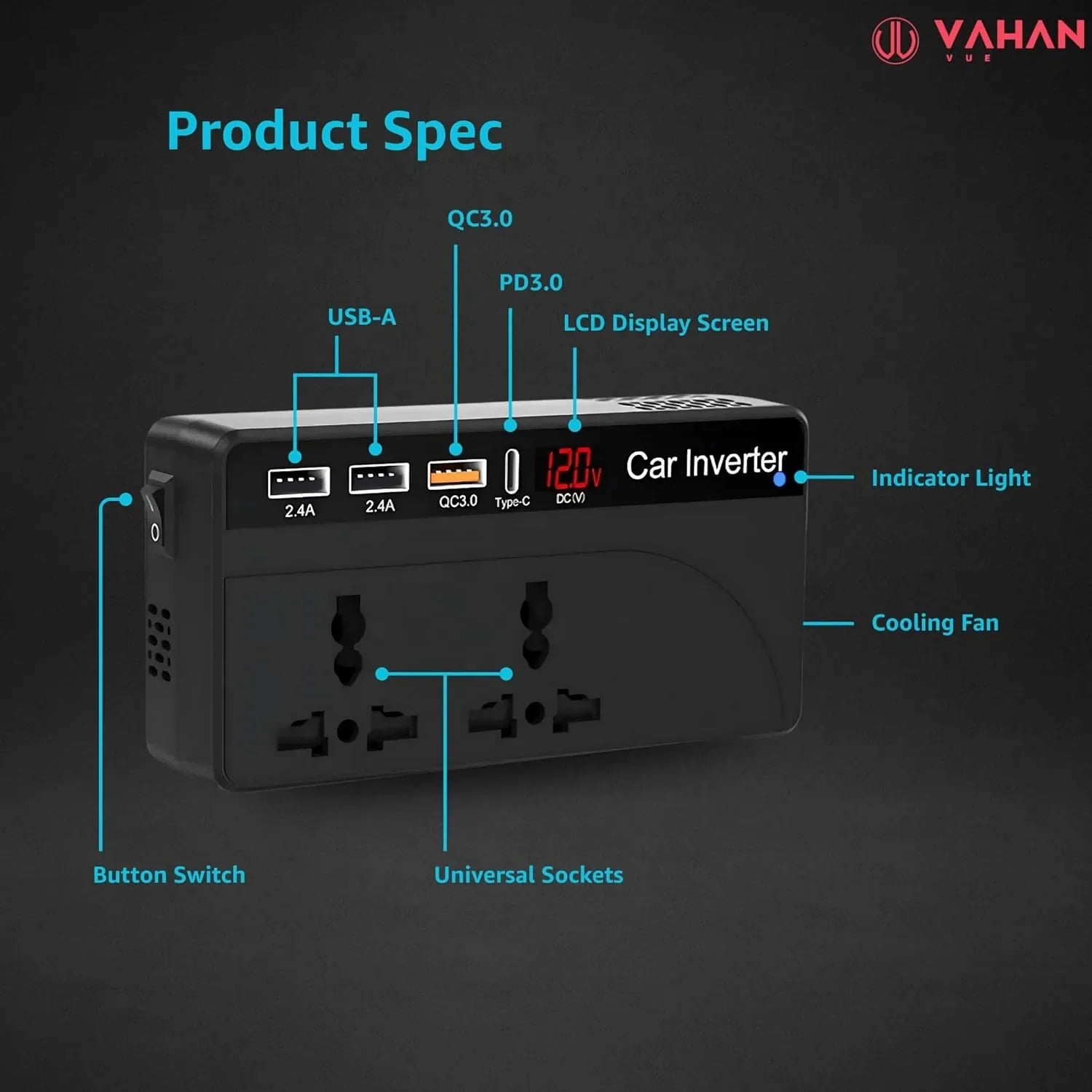 VAHAN VUE Car Power Inverter/Laptop Charger with 3 USB/12-24V