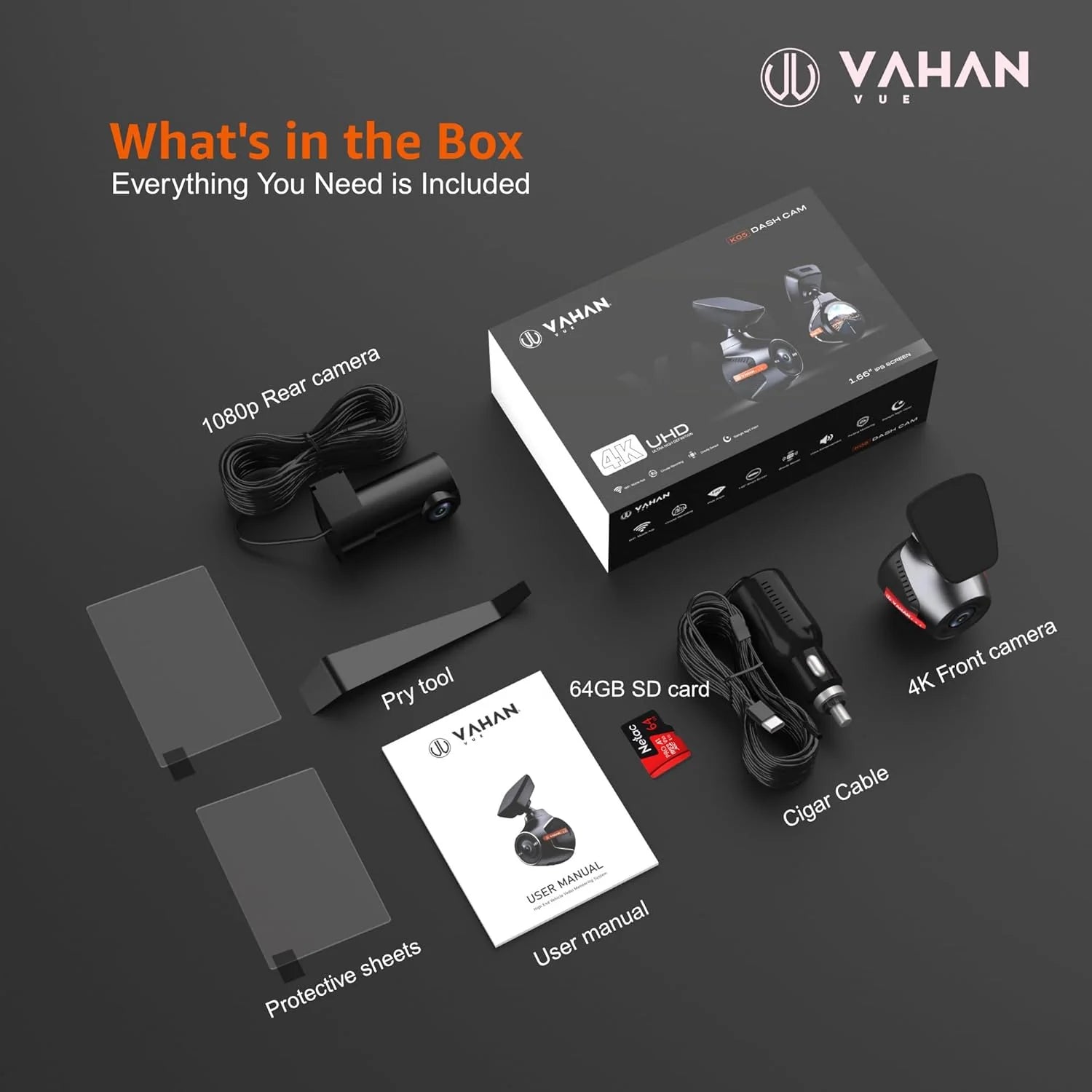 VAHAN VUE K05 Dash Camera for Cars UHD 2560P 8MP, 2 Channel