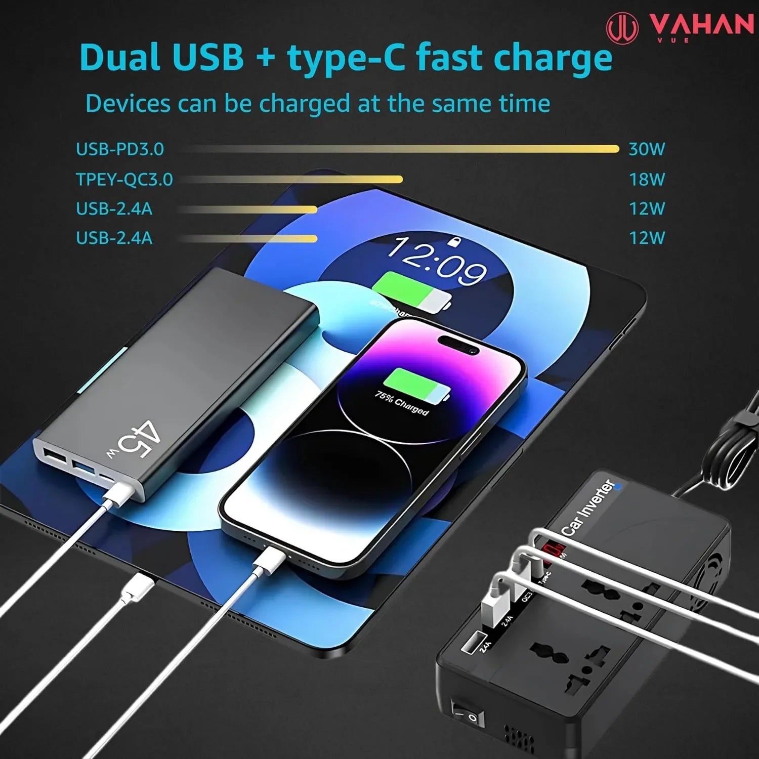 VAHAN VUE Car Power Inverter/Laptop Charger with 3 USB/12-24V