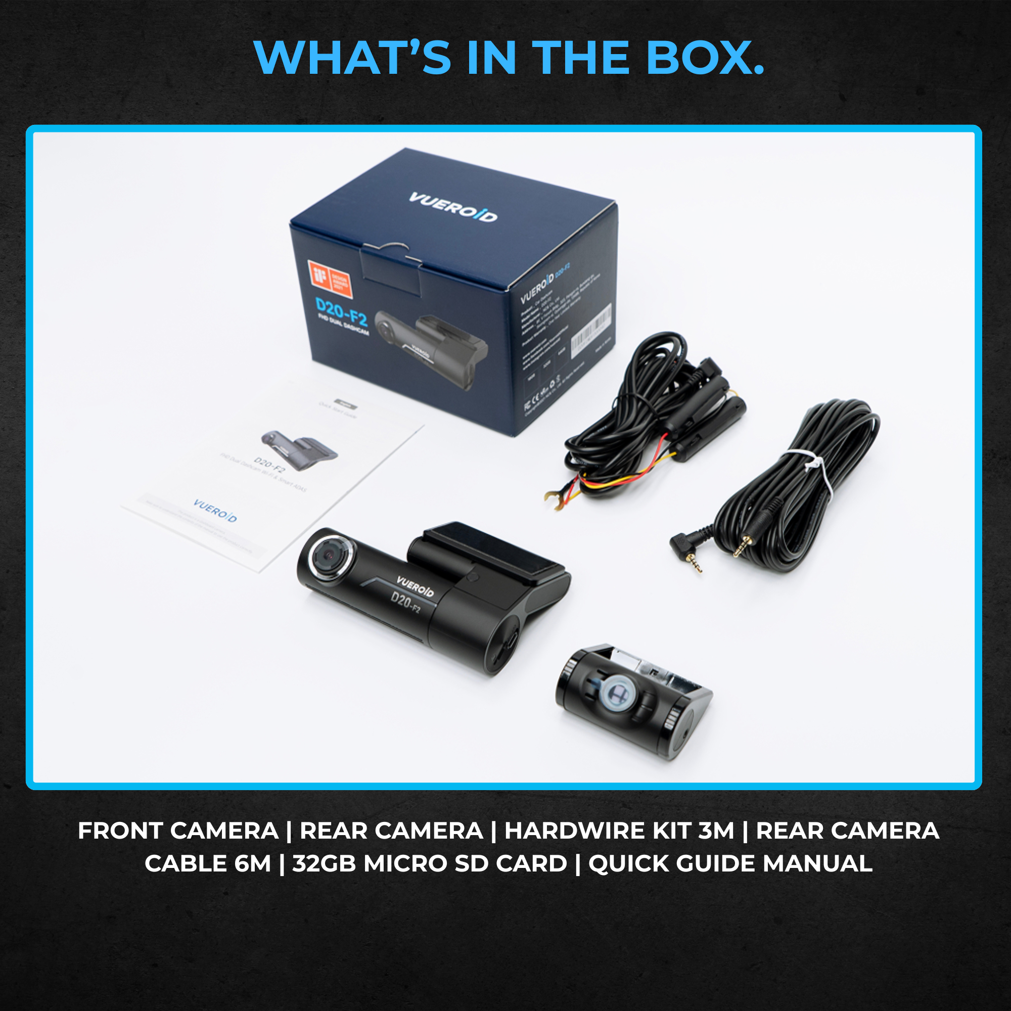 VUEROID D20-F2 2CH Dash Cam for Car | Dual Full HD Front & Rear Camera with GPS, WiFi & Parking Mode