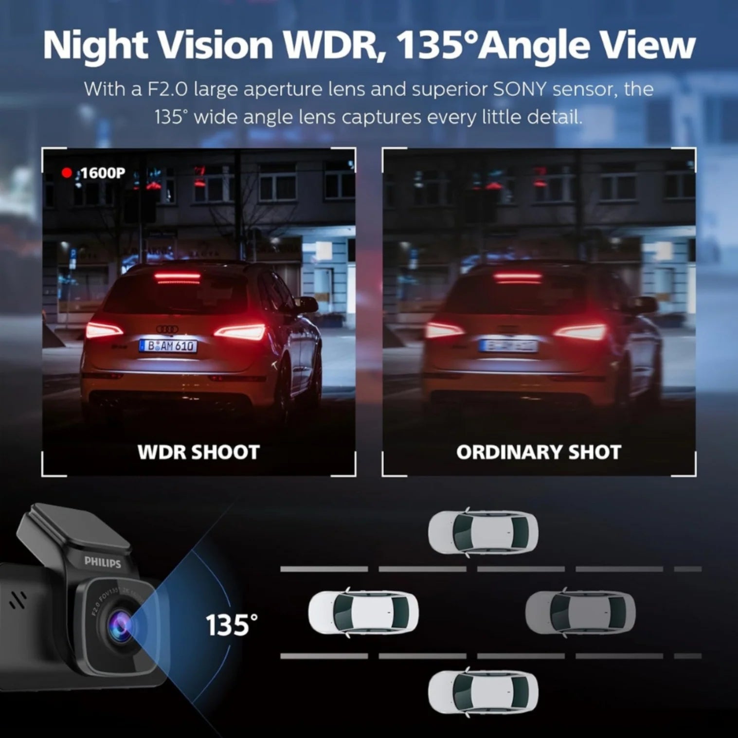 PHILIPS GoSure 5101 Dash Camera for Car, 2K QHD 1600p, G-Sensor